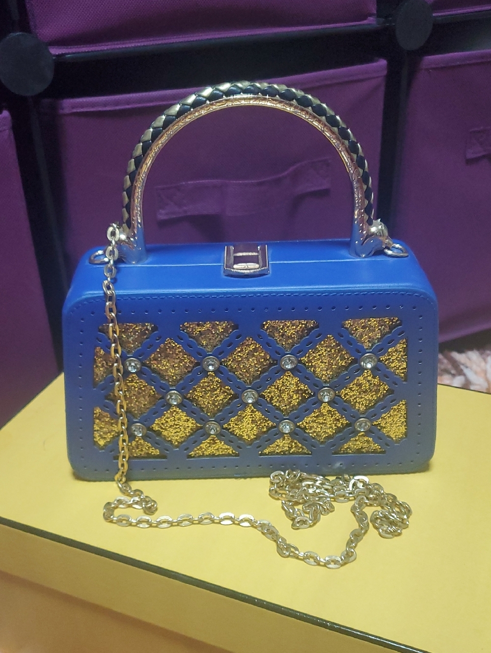 Blue and Gold Glitter Box Handbag with Chain Strap